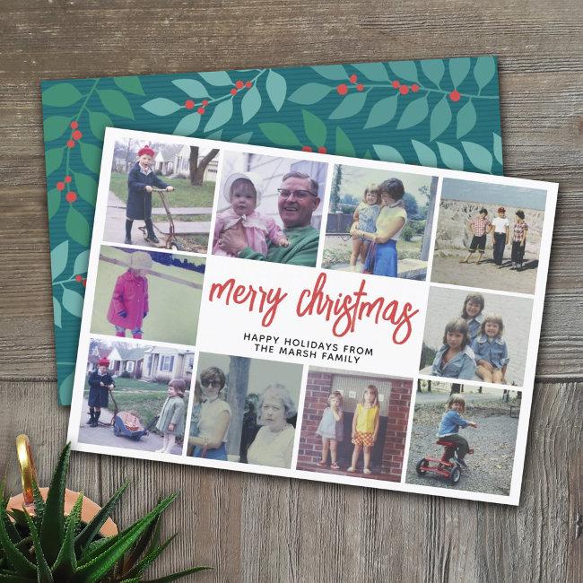 10 Photo Collage - Merry Christmas Teal Botanical Holiday Invitations