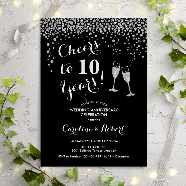 10th Anniversary - Cheers To 10 Years Silver Black Invitation