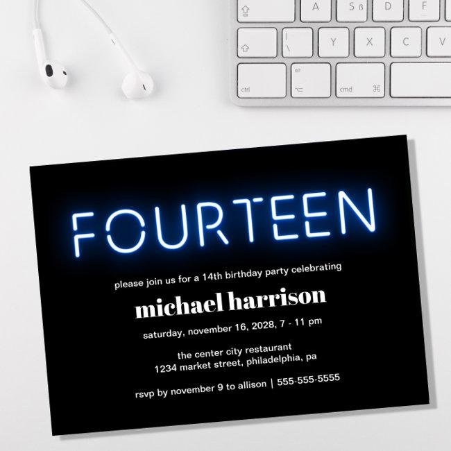 14th Birthday Party Blue Neon Lights Invitation