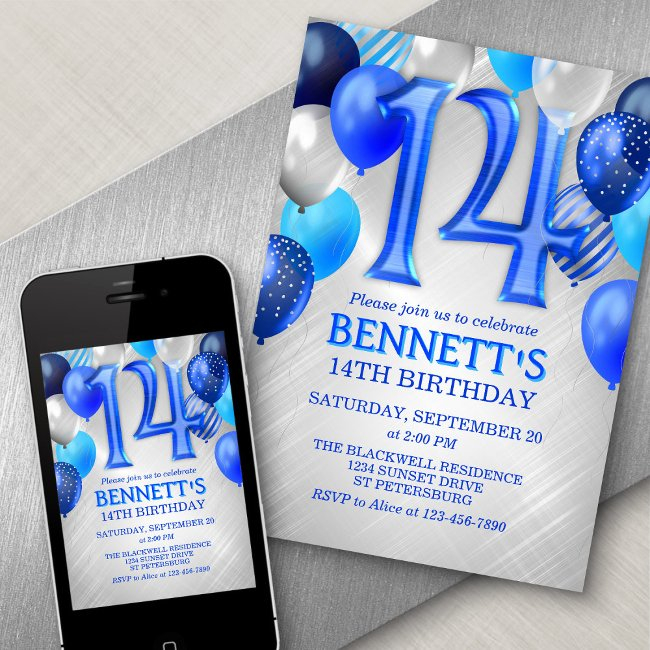 14th Teen Boy Blue Birthday Invitation