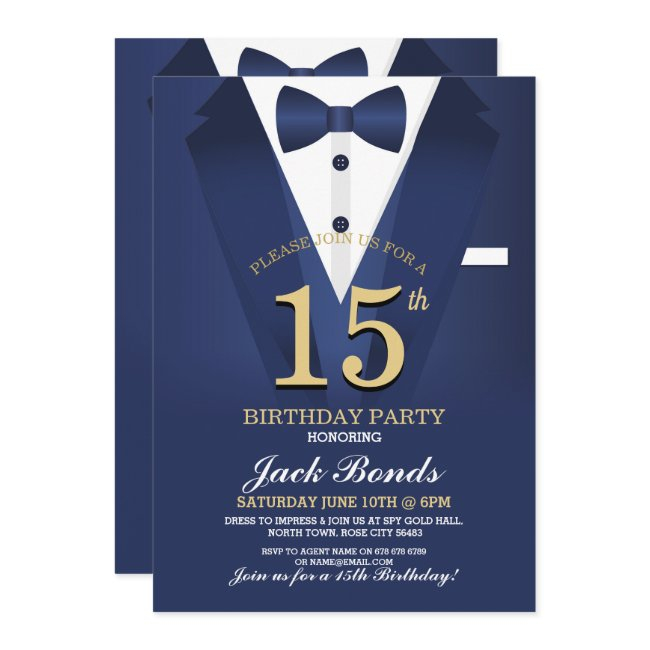15th Birthday Spy Suit Black Tie Gold Tuxedo Ball Invitation