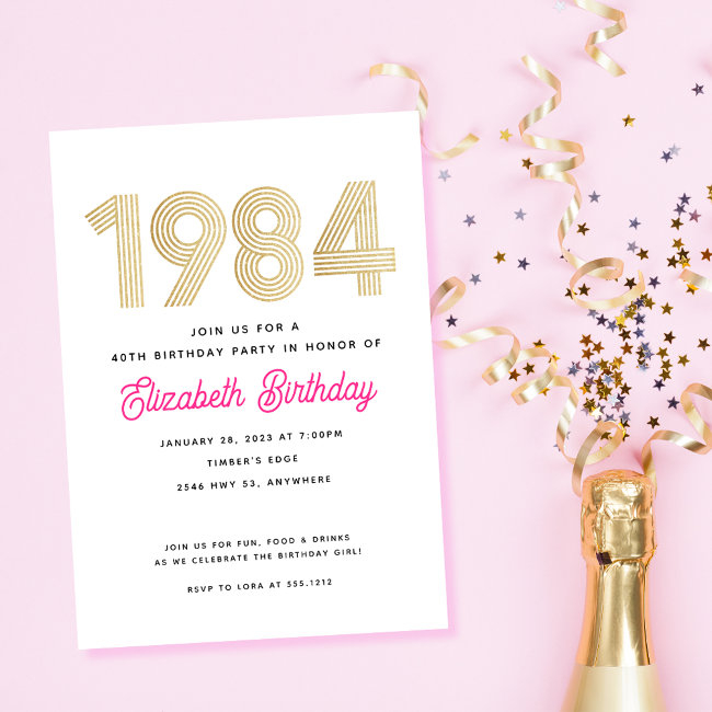 1984 Hot Pink White Gold 40th Birthday Invitation