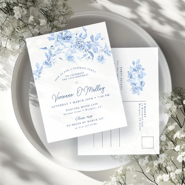 19th Birthday Party Dusty Blue Rose Floral Invitation Postinvitations