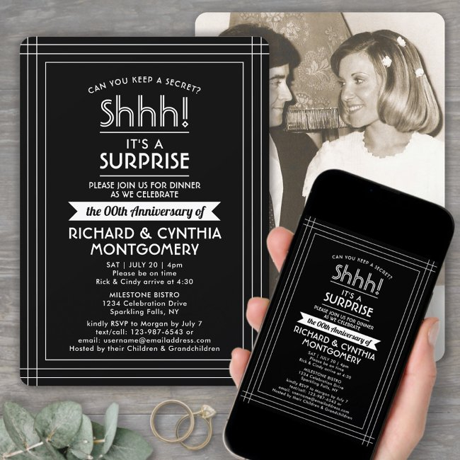 1 Photo Anniversary Surprise Party Black And White Invitation