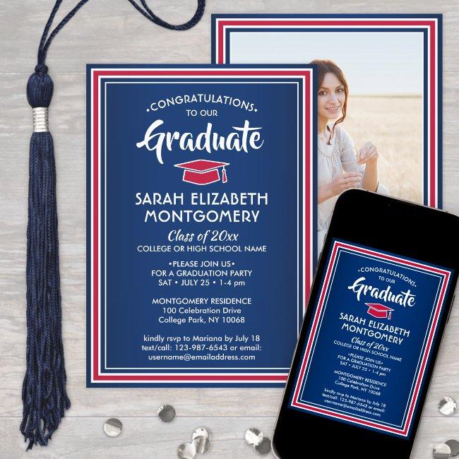 1 Photo Elegant Congrats Red White Blue Graduation Invitation