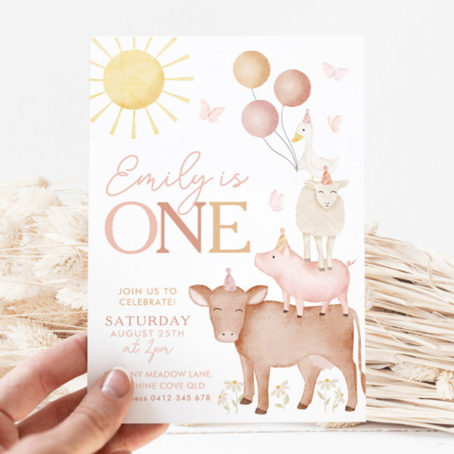 1st Birthday Farm Animals Barnyard Party Girls Invitation