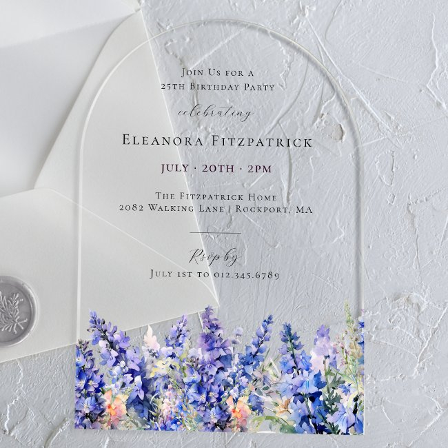 25th Birthday Blue Larkspur July Birth Flower Arch Acrylic Invitations