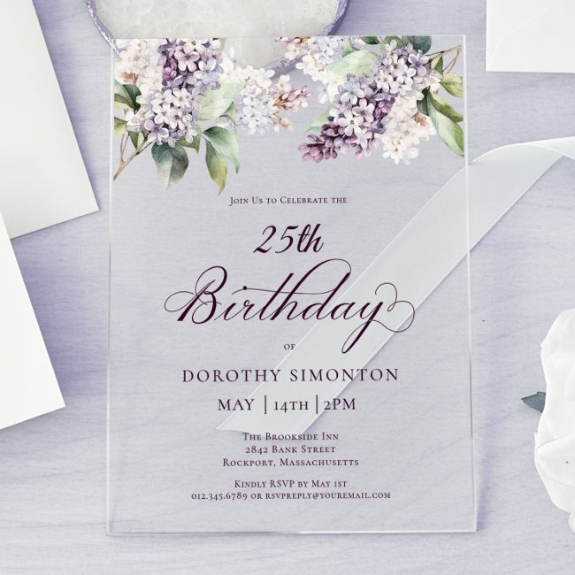 25th Birthday Purple Spring Lilac Flower Acrylic Invitations