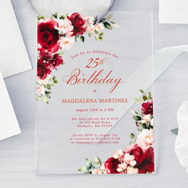25th Birthday Red Rose Pink Peony Floral Acrylic Invitations