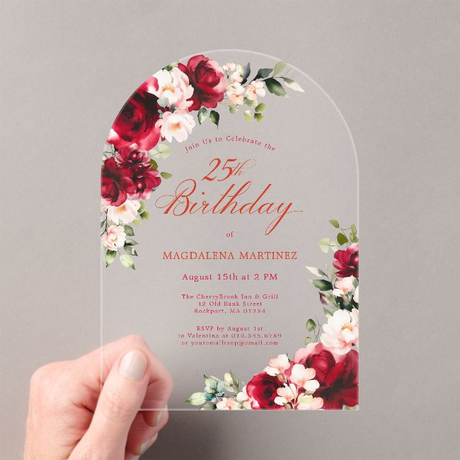 25th Birthday Red Rose Pink Peony Floral Arch Acrylic Invitations