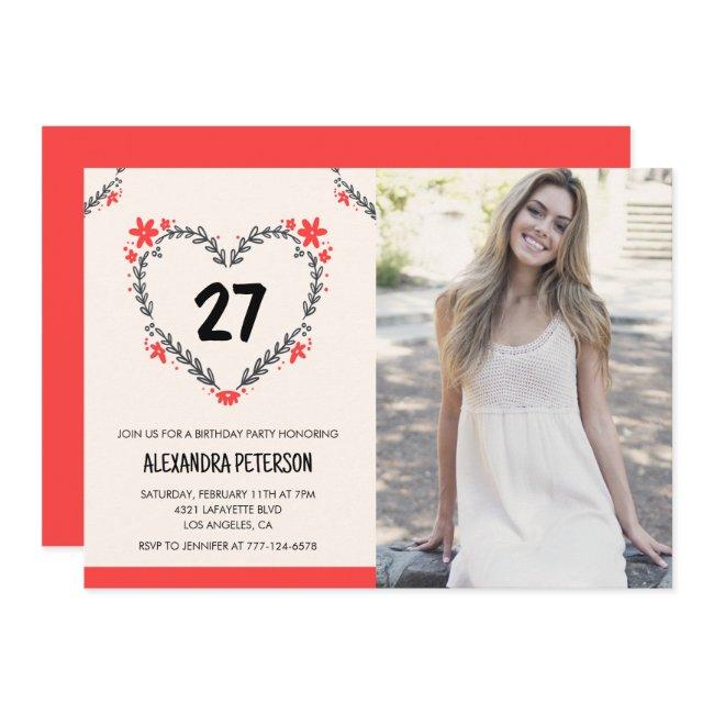 27th Birthday Invitations For Her Floral Heart