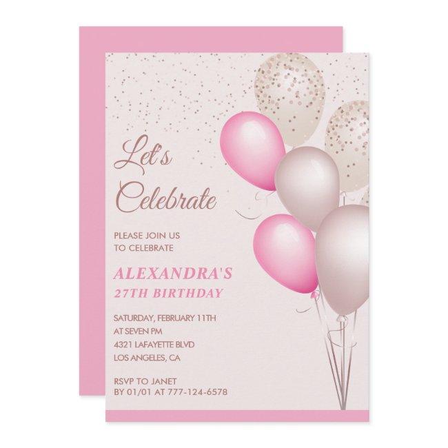 27th Birthday Invitations Pink Balloons Confetti