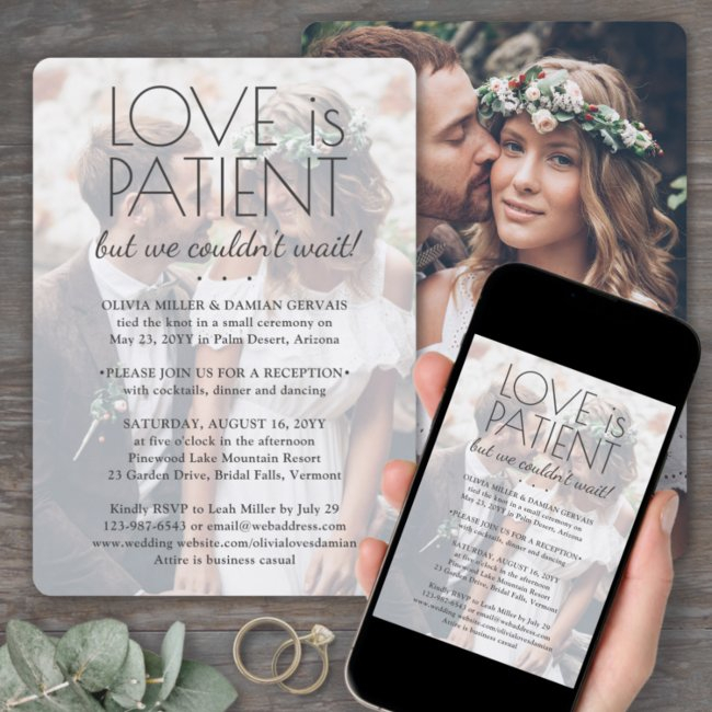 2 Photo Love Is Patient Wedding Reception Only Invitation