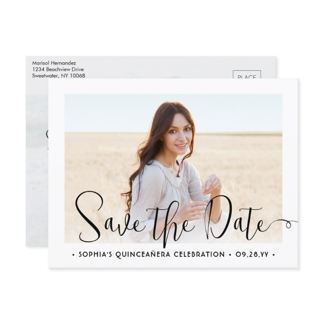 2 Photo Quinceañera Trendy Script Save The Date Announcement Postinvitations