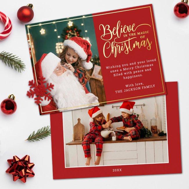 2 Photos Believe In Christmas Magic Family Red Foil Holiday Invitations