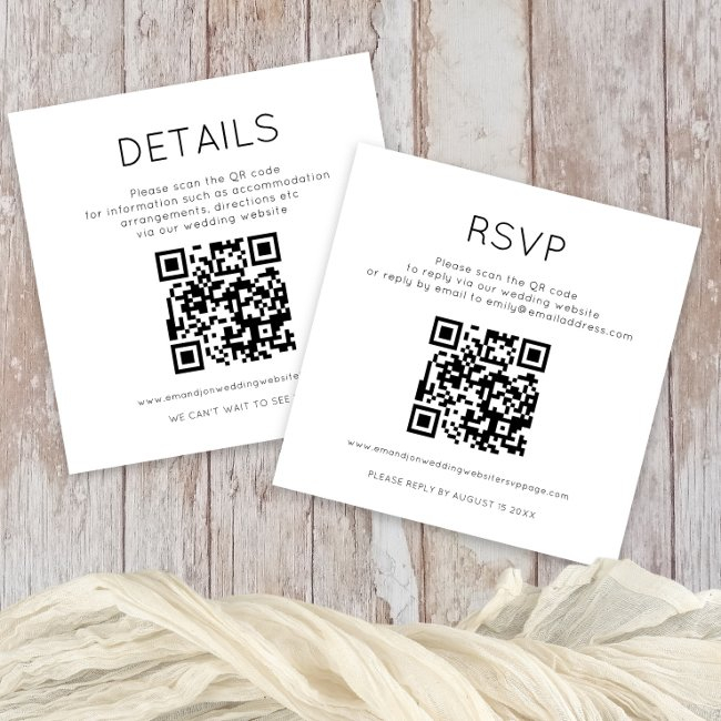 2 Qr Codes Black White Wedding Details Rsvp Enclosure Invitations