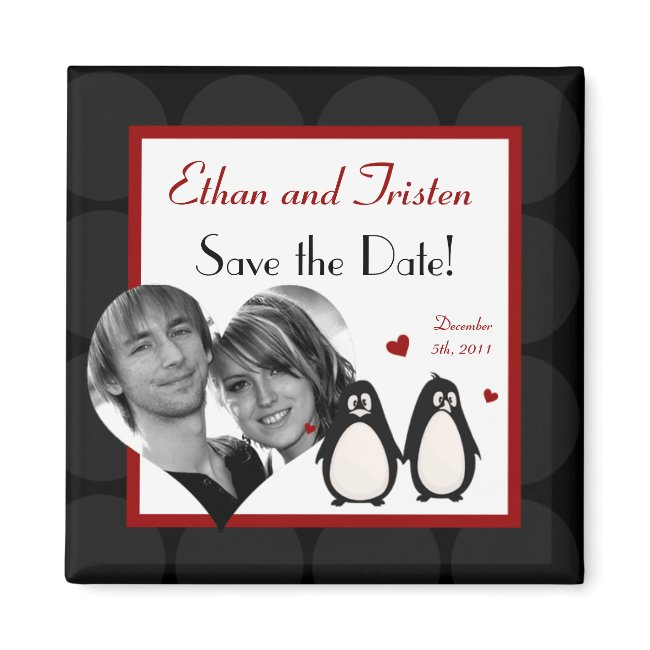 2"x2" Save The Date Magnet Penguin Love Couple Mat