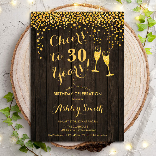 30th Birthday - Cheers To 30 Years Gold Wood Invitation