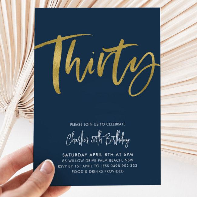 30th Birthday Invitation Mens Navy Gold Thirty