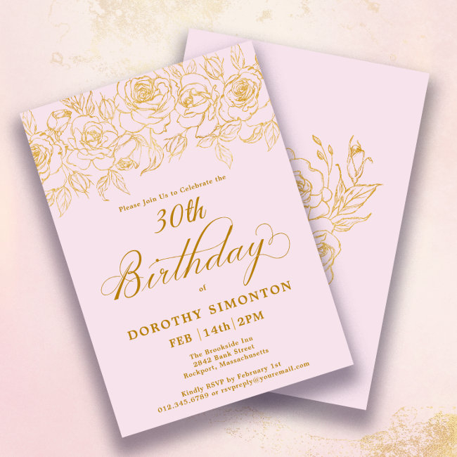 30th Birthday Party Gold Rose Floral Blush Pink Invitation