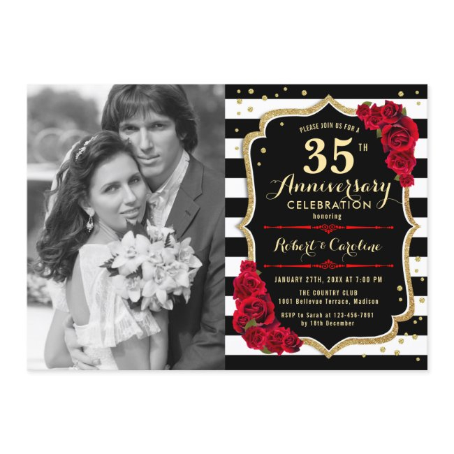 35th Anniversary With Photo - Gold Black Red Invitation