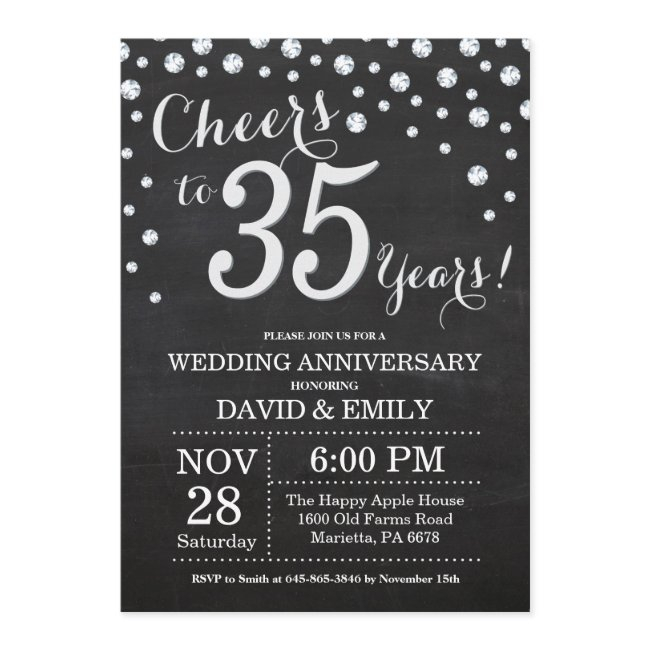 35th Wedding Anniversary Chalkboard Black Silver Invitation