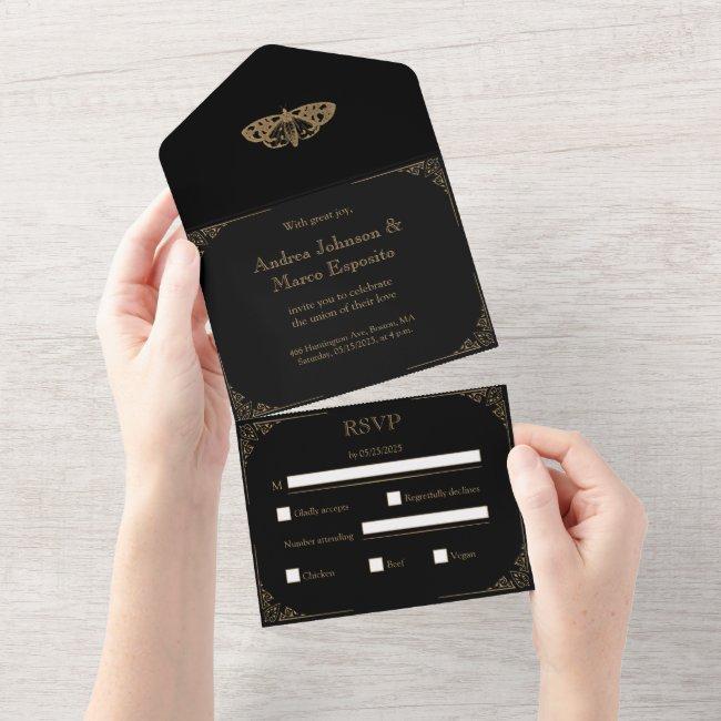 3-in-1 Moth Tattoo Gothic Wedding Invitation