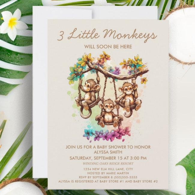 3 Little Monkeys Triplet Baby Shower Invitation