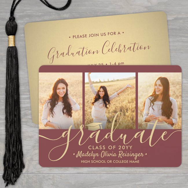 3 Photo Collage Burgundy And Gold Graduation Party Invitation