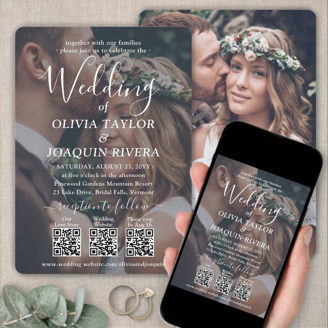 3 Qr Codes Modern All-in-one 2 Photo White Wedding Invitation