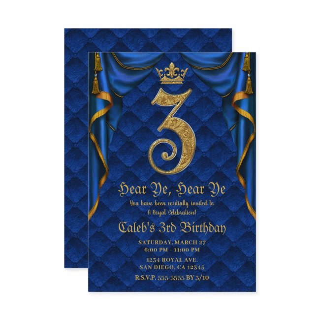 3rd 3 Three Birthday Party Royal Blue Gold Crown Invitation