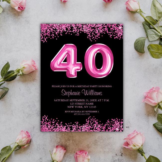 40th Birthday Black Pink Balloons Glitter Party Invitation Postinvitations