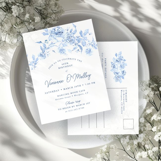 40th Birthday Party Dusty Blue Rose Floral Invitation Postinvitations
