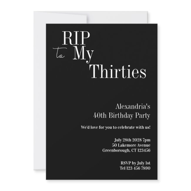 40th Birthday Rip 30s Black And White Party Invitation