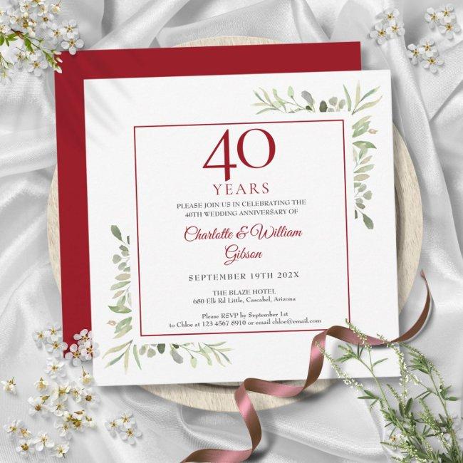 40th Ruby Wedding Anniversary Watercolor Greenery Invitation