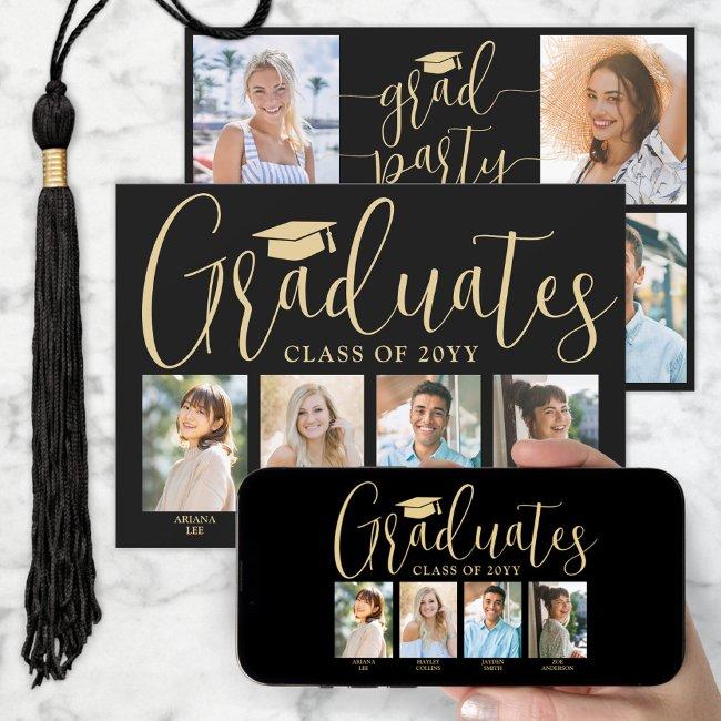 4 Grads Photos Joint Graduation Party Black & Gold Invitation