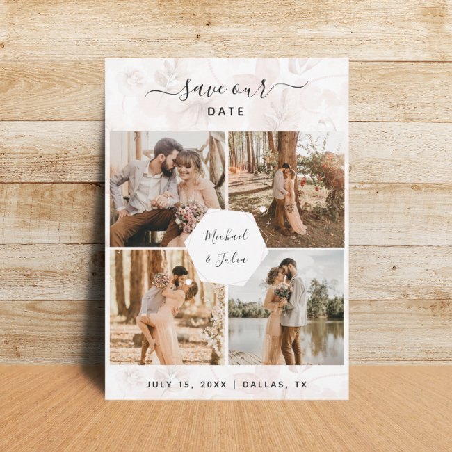 4 Photo Couple Collage & Pink Blush Floral Wedding Save The Date