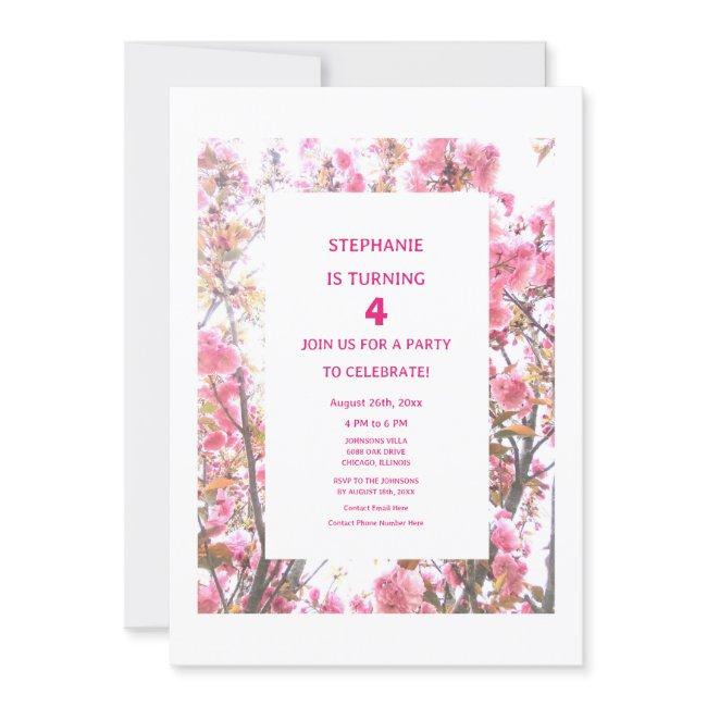 4th Birthday Pink Cherry Floral Fourth Custom Age Invitation
