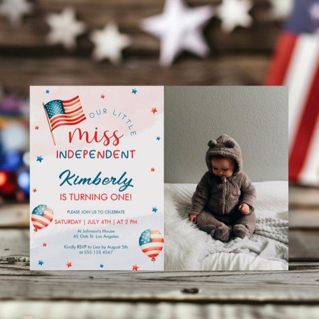 4th July Little Miss Independent Birthday Photo Invitation