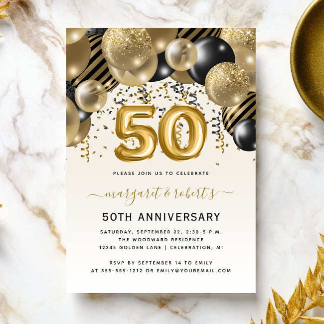 50th Anniversary Black Gold Balloon Arch Party Invitation