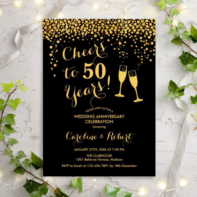 50th Anniversary - Cheers To 50 Years Gold Black Invitation
