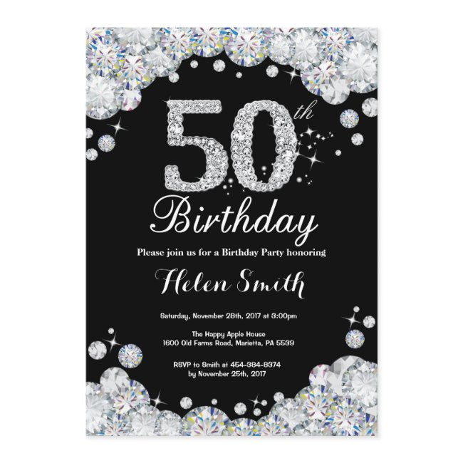 50th Birthday Invitation Chalkboard Silver Diamond