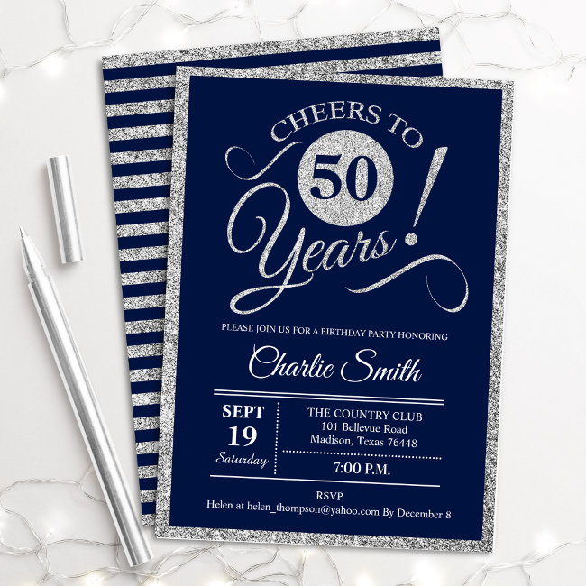 50th Birthday Party - Any Age Navy Silver Invitation