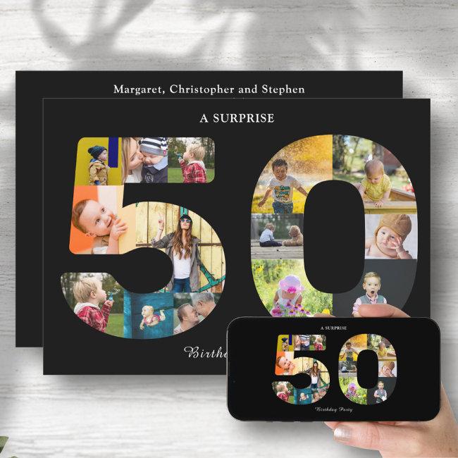 50th Birthday Party Photo Collage Black White Invitation