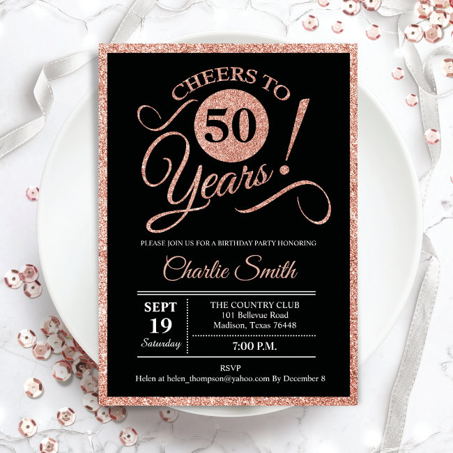 50th Birthday Party - Rose Gold Black Any Age Invitation