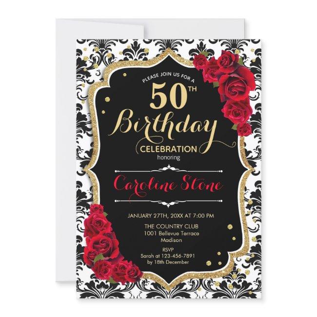 50th Birthday - Red Roses Gold Black Damask Invitation