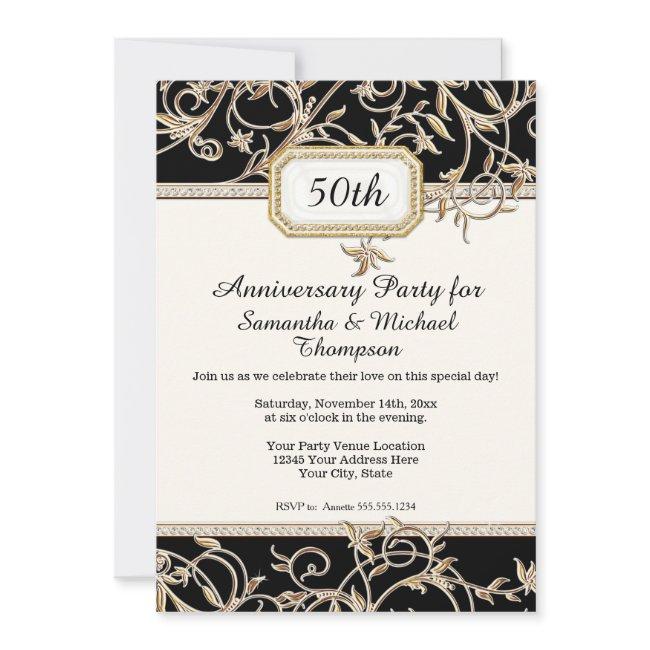 50th Fiftieth Art Nouveau Black N Gold Anniversary Invitation