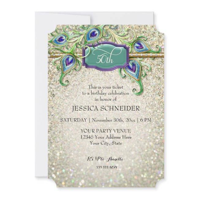 50th Fiftieth Birthday Party Peacock Feather Invitation