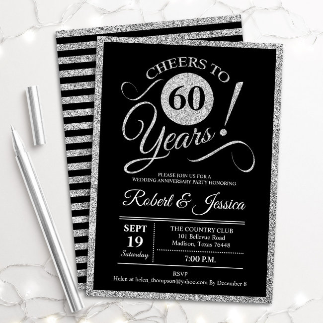 60th Anniversary Party - Silver Black Invitation