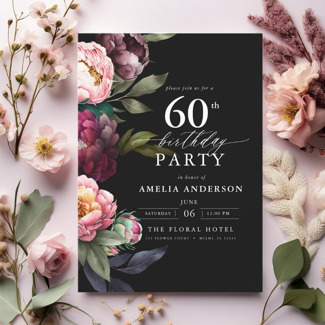 60th Birthday Modern Moody Burgundy Blush Floral Invitation